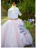 Elbow Sleeves Beaded Lace Tulle Buttons Back Flower Girl Dress